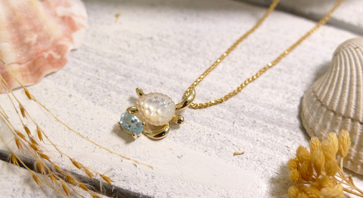 14k - Yellow Gold Blue Topaz Mother of Pearl Turtle Pendant