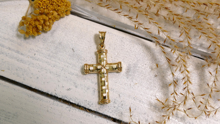 14k Yellow Gold Cross Extra Large D/C Barrel Pendant 8mm Bail (Chain not Included)