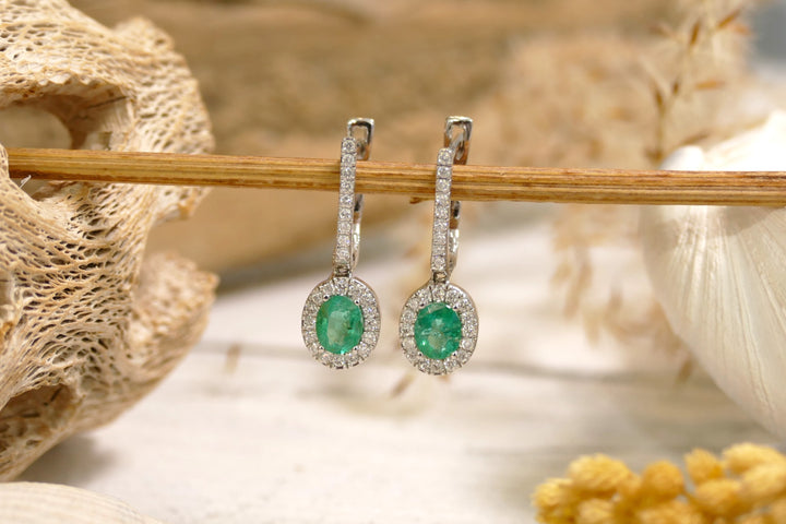 14k White Gold Oval 0.74ct Emerald Dangle Earrings