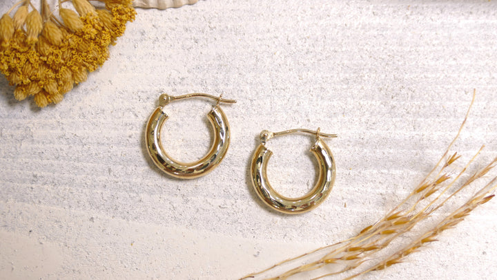 14k Yellow Gold Full Diamond Cut Hoop Earrings