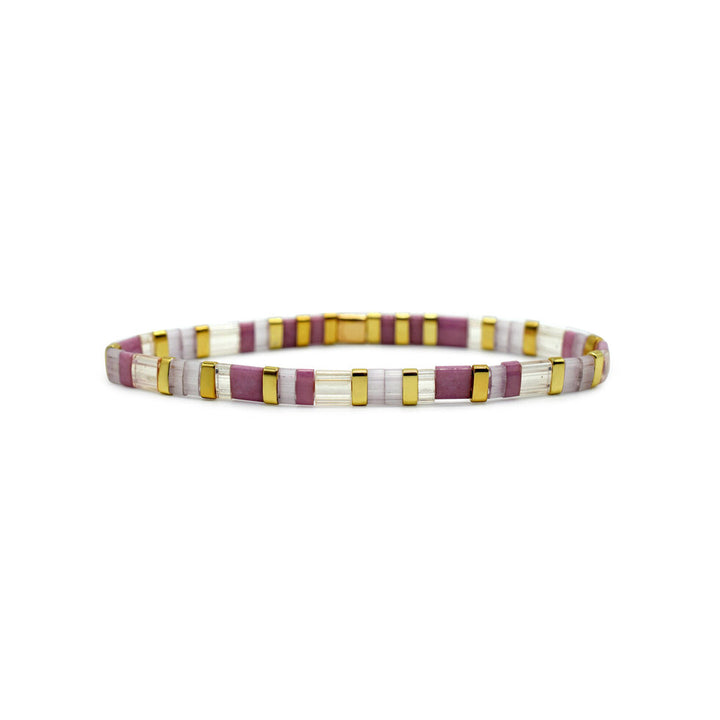 Skylar Paige Tila Bead Gold Morse Code Rose Quartz Stretch Bracelet