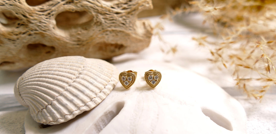14k Yellow Gold 0.13ct Diamonds Stud Heart - Cluster Diamond Earrings