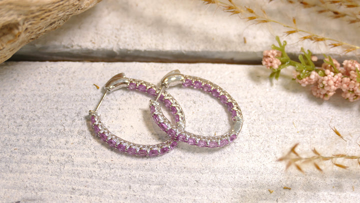 14k White Gold Oval Pink Sapphire In & Out Hoop Earrings