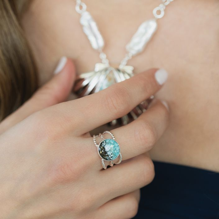Dune - Sterling Silver - Boho 13mm Round Turquoise Gradient Ocean City Beach Sand Ring (Size 8)