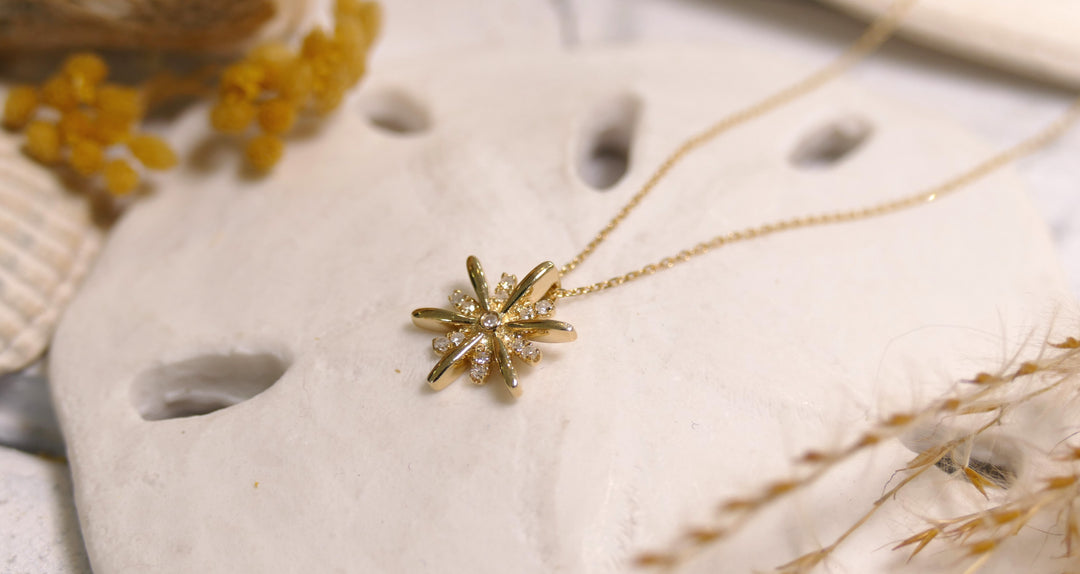 14k Yellow Gold Diamond Sunburst Sun Necklace