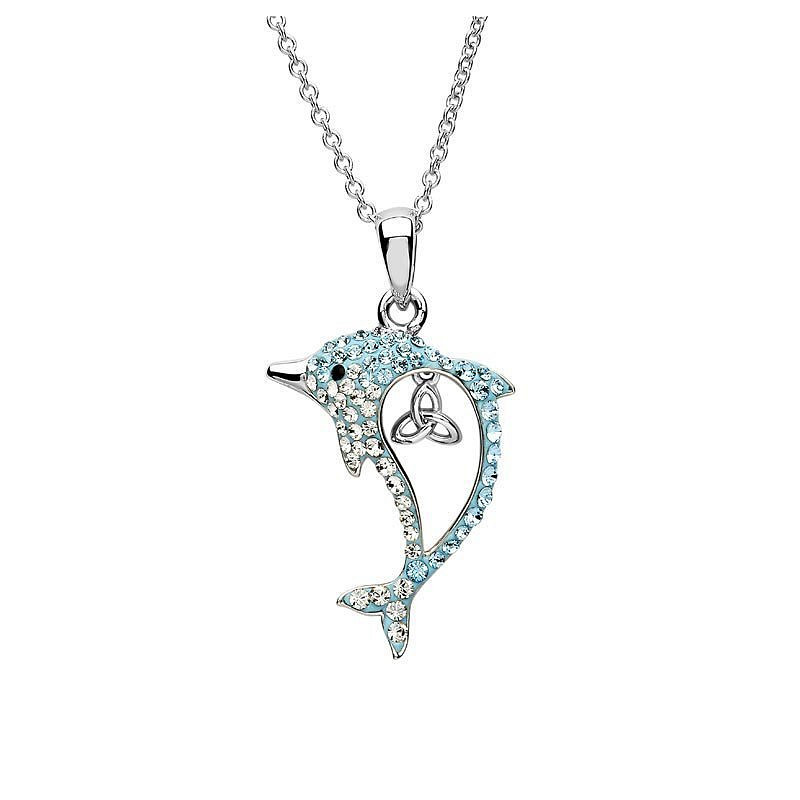 Ocean - Sterling Silver - Silver Aqua - Trinity Crystal Dolphin Necklace