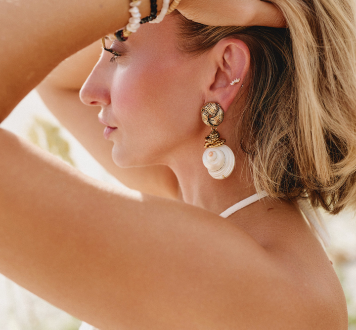 Adriana Pappas - Brass - Gold Large Knot - Clip On Shell Drop Earrings