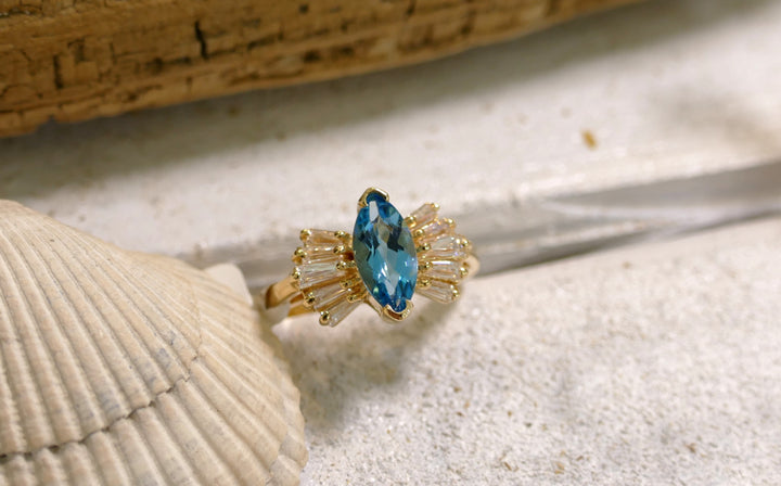 14k Yellow Gold Blue Topaz Ballerina with 10 Baguette Diamonds Ring