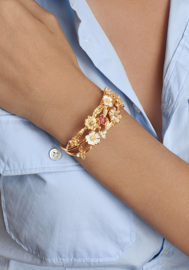 Anabel Arum - Brass - 18K Gold Plated -Cuff- Enamel Bangle Wildflower Bracelet