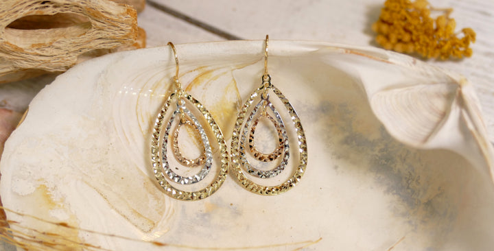 14k Yellow Gold Tri-Color - Triple Pear Dangle Earrings