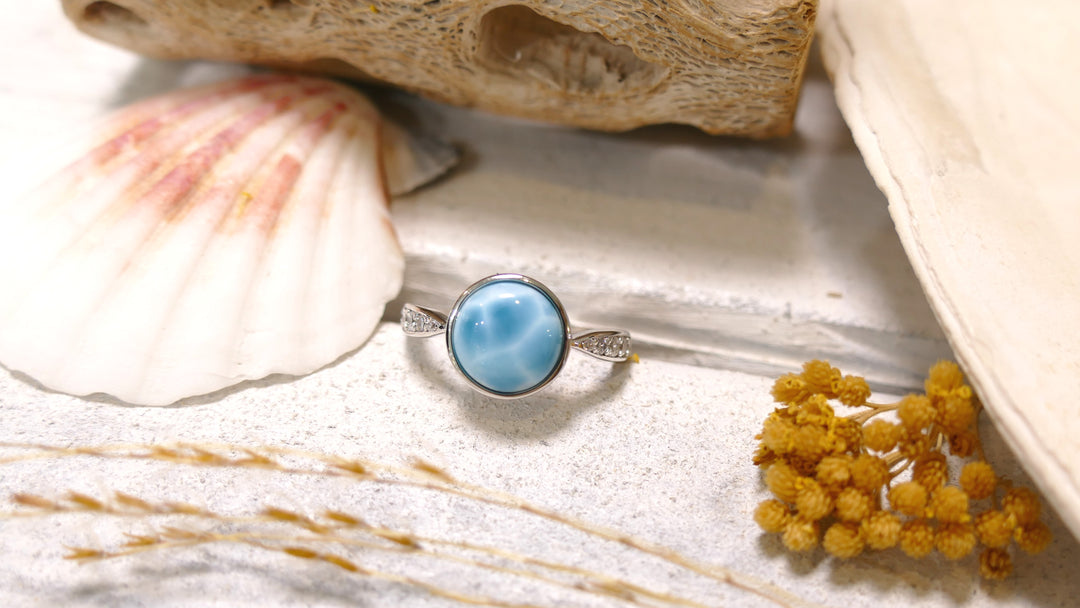 Sterling Silver - Silver CZ Round Larimar Ring (Size 7)