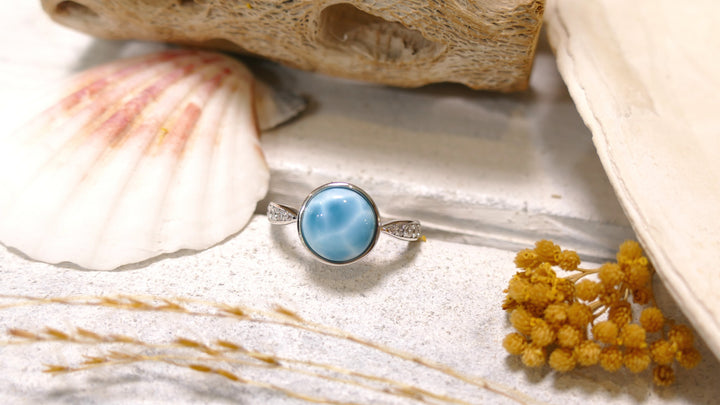 Sterling Silver - Silver CZ Round Larimar Ring (Size 7)