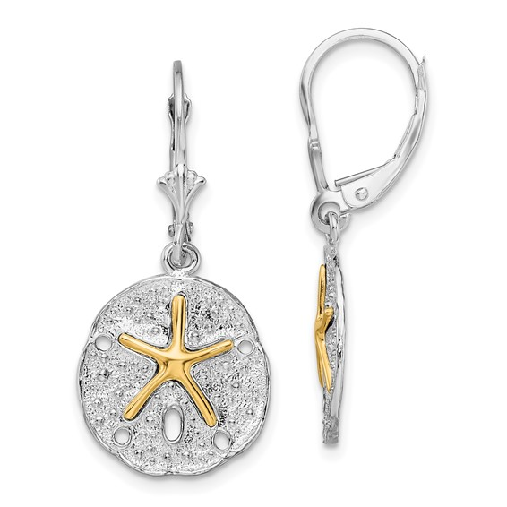 Sterling Silver - Two Tone 14KY Starfish Sanddollar Lever Back Earrings