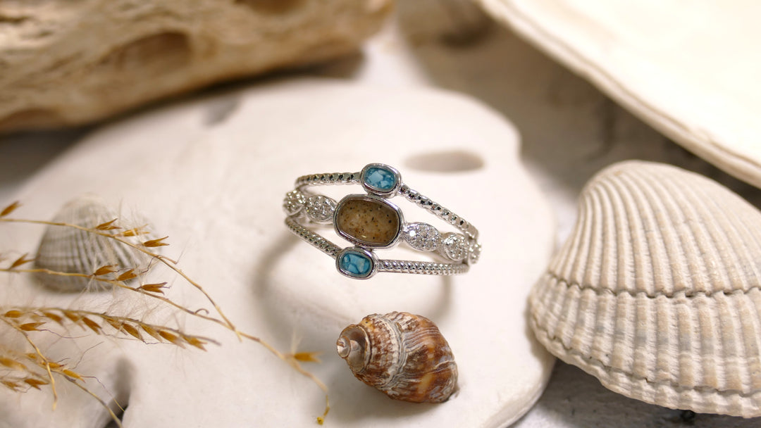 Dune - Sterling Silver - Silver Boho Stack - Turq & Sand Natural Diamond Ring (Size 8)