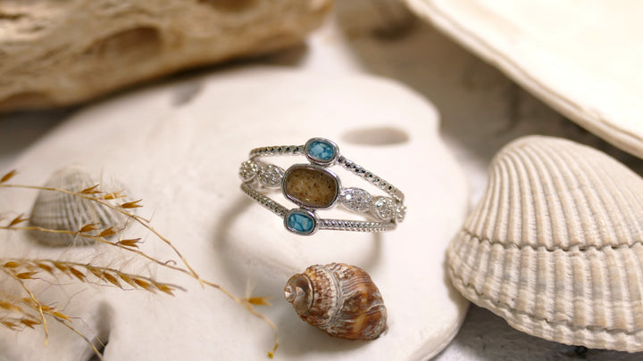Dune - Sterling Silver - Silver Boho Stack - Turq & Sand Natural Diamond Ring (Size 8)