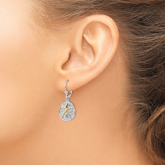 Sterling Silver - Two Tone 14KY Starfish Sanddollar Lever Back Earrings