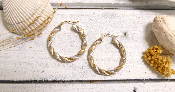 14k Two Tone Twisted Tube Hoop Earrings