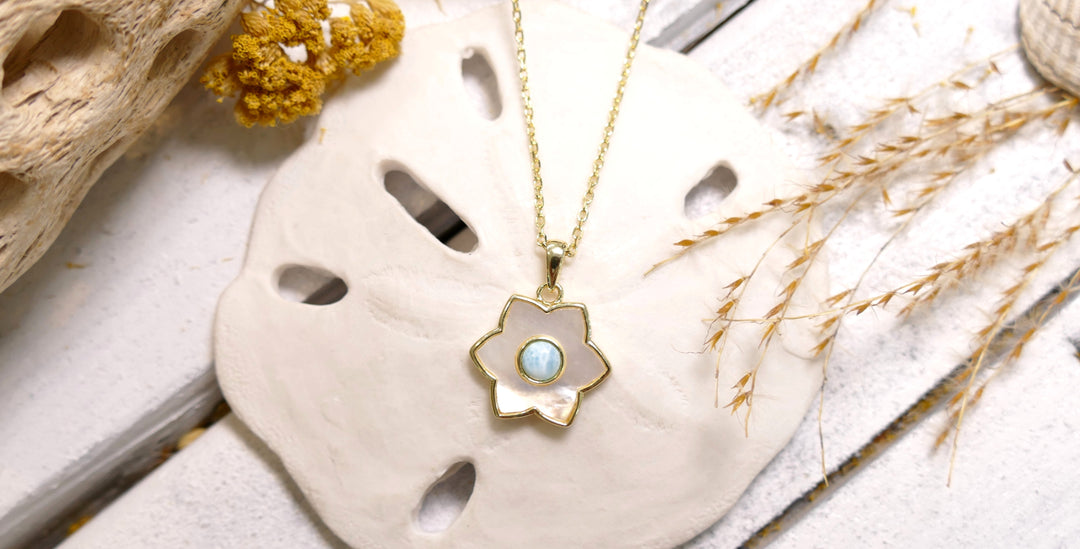Sterling Silver - 14K Gold Plated Larimar Flower Mother of Pearl Necklace