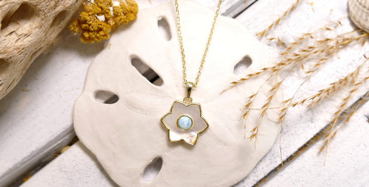 Sterling Silver - 14K Gold Plated Larimar Flower Mother of Pearl Necklace