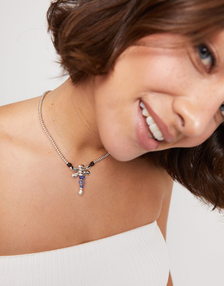 Short sterling silver-plated necklace with dragonfly and blue handcrafted crystals