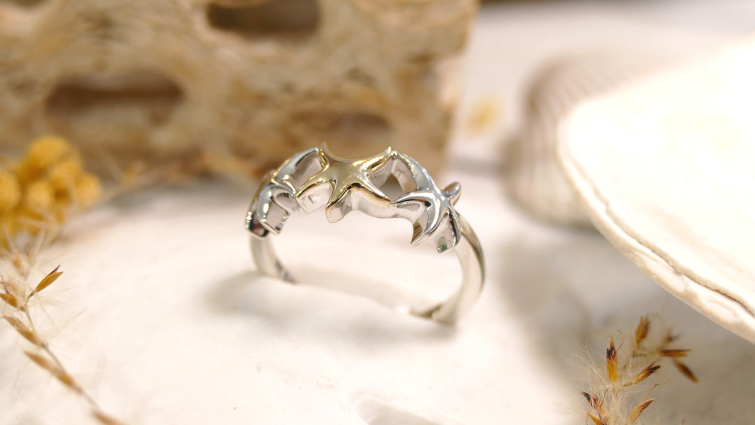 Sterling Silver - Two Tone 14KY Center Starfish - Starfish Ring