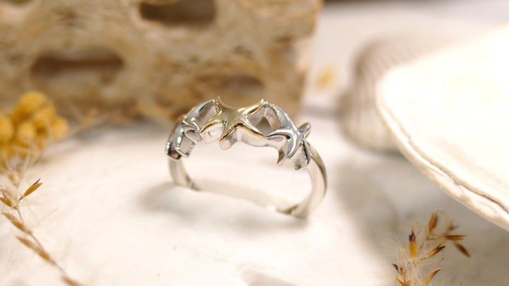 Sterling Silver - Two Tone 14KY Center Starfish - Starfish Ring