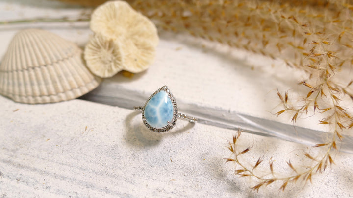 Sterling Silver - Silver CZ Teardrop Larimar Ring 7