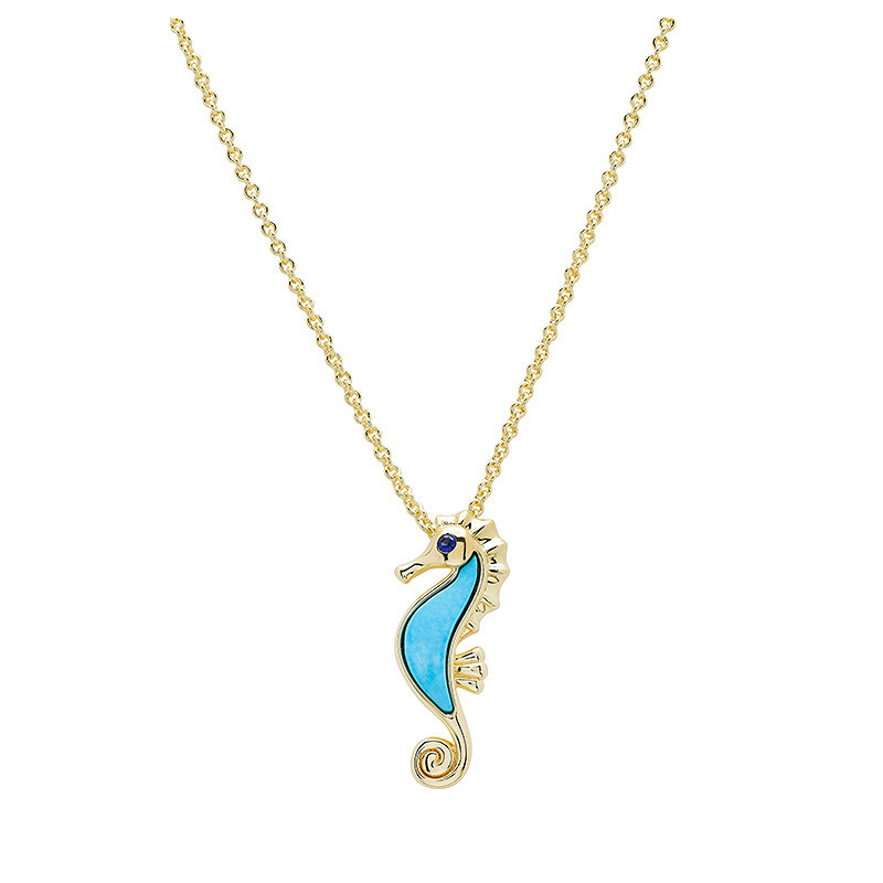 Ocean - 14k Gold Vermeil Turquoise Sea Horse Necklace 20" Adjustable Chain