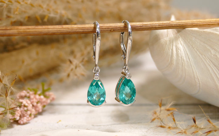 14k White Gold Pear 0.02ct Accent Diamonds Paraiba Tourmaline Checkerboard Cut Dangle Earrings