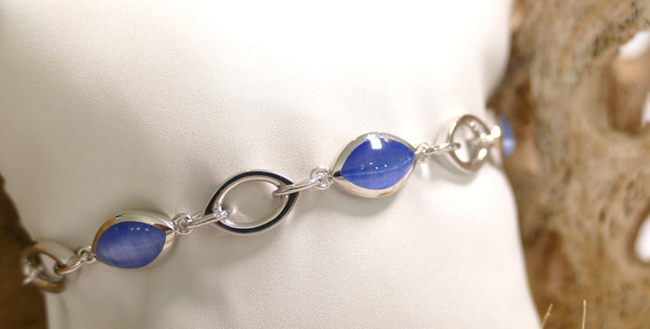 Sterling Silver - Silver Alternating - Blue Cat Eye - Oval Link Bracelet