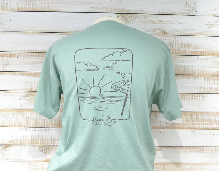 Ocean City Classics - Short Sleeve Beach Scene T-Shirt - Sage Green