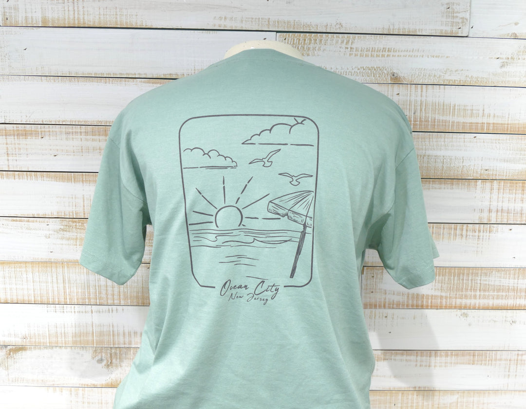 Ocean City Classics - Short Sleeve Beach Scene T-Shirt - Sage Green