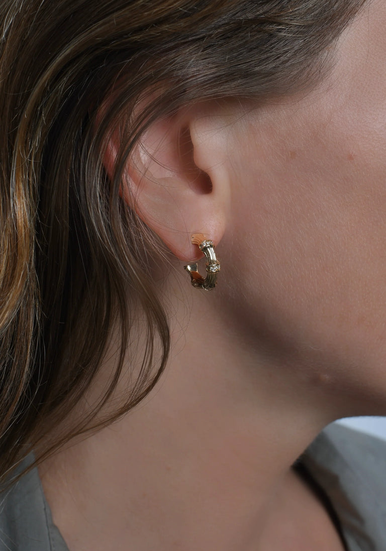 Anabel Arum - Brass - 18K Gold Plated Crystal Huggie Bamboo Earrings