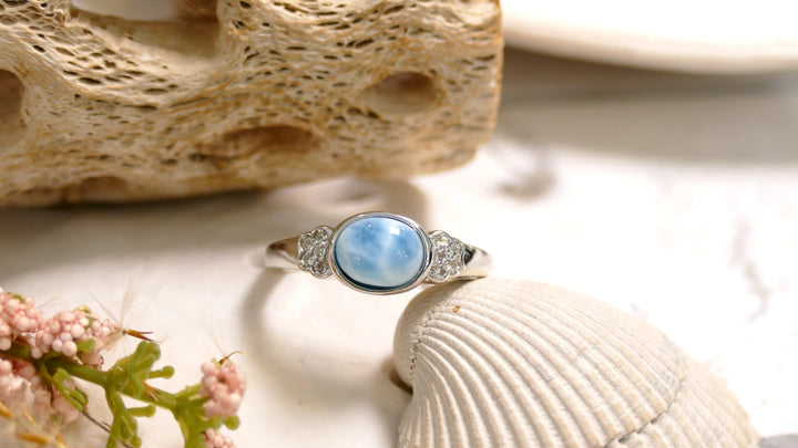 Sterling Silver - Silver Accent Diamonds Oval Larimar Ring Size 9